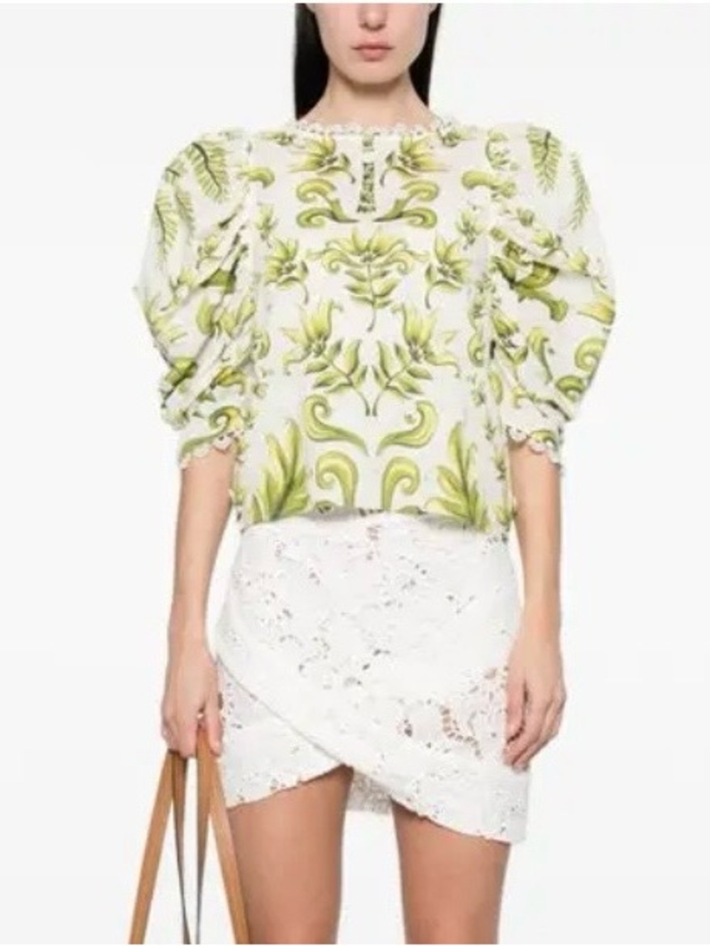 FARM RIO Milani Blouse Floral Puff-Sleeve Women's Top in Olive Green Size Large